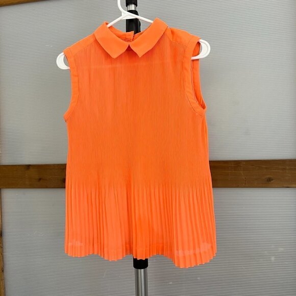 Ted Baker Dantea Orange Pleated Plisse Pleated Collar Sleeveless Blouse Sz 1 US4 - Picture 2 of 15